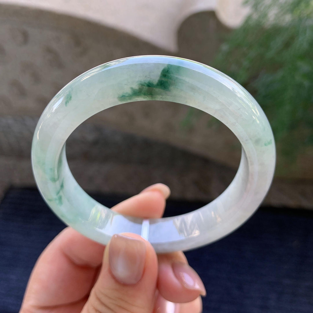 糯冰种飘蓝花正圈平安镯  54.3圈口 天然缅甸A货翡翠（yc400184）