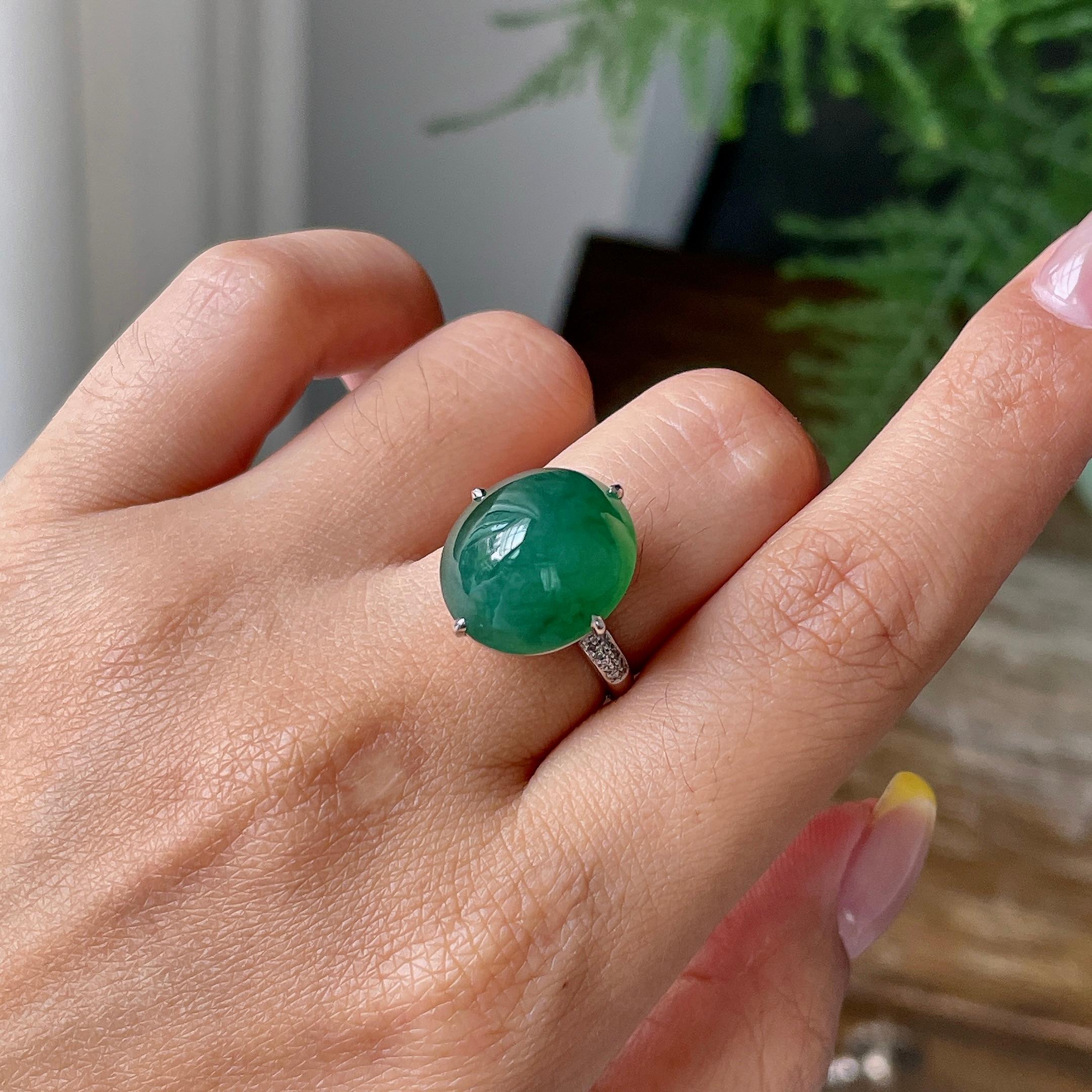 18k金镶细糯种湖水绿蛋面戒指     天然缅甸A货翡翠（yc362069）
