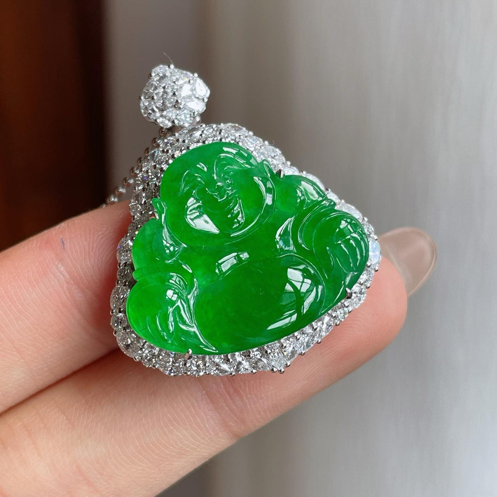 18k金镶冰种满绿翡翠佛公（yc247157）