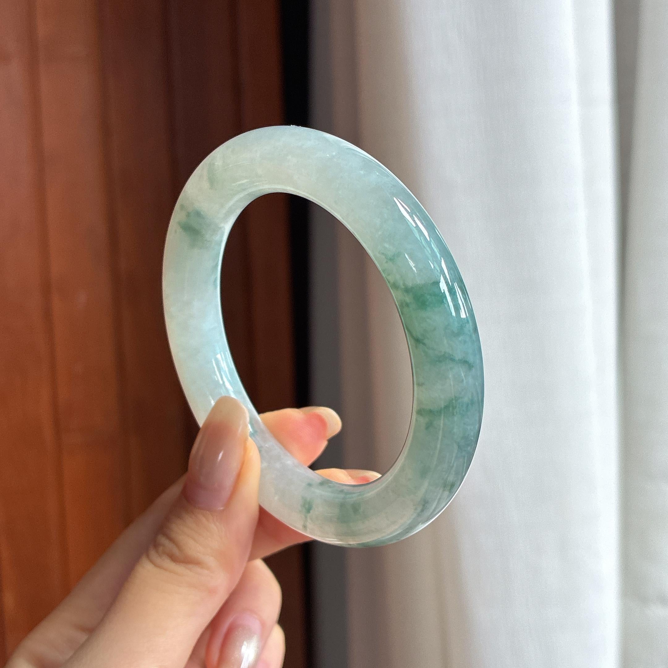 糯冰飘花圆条手镯 53圈 天然缅甸A货翡翠（yc457189）