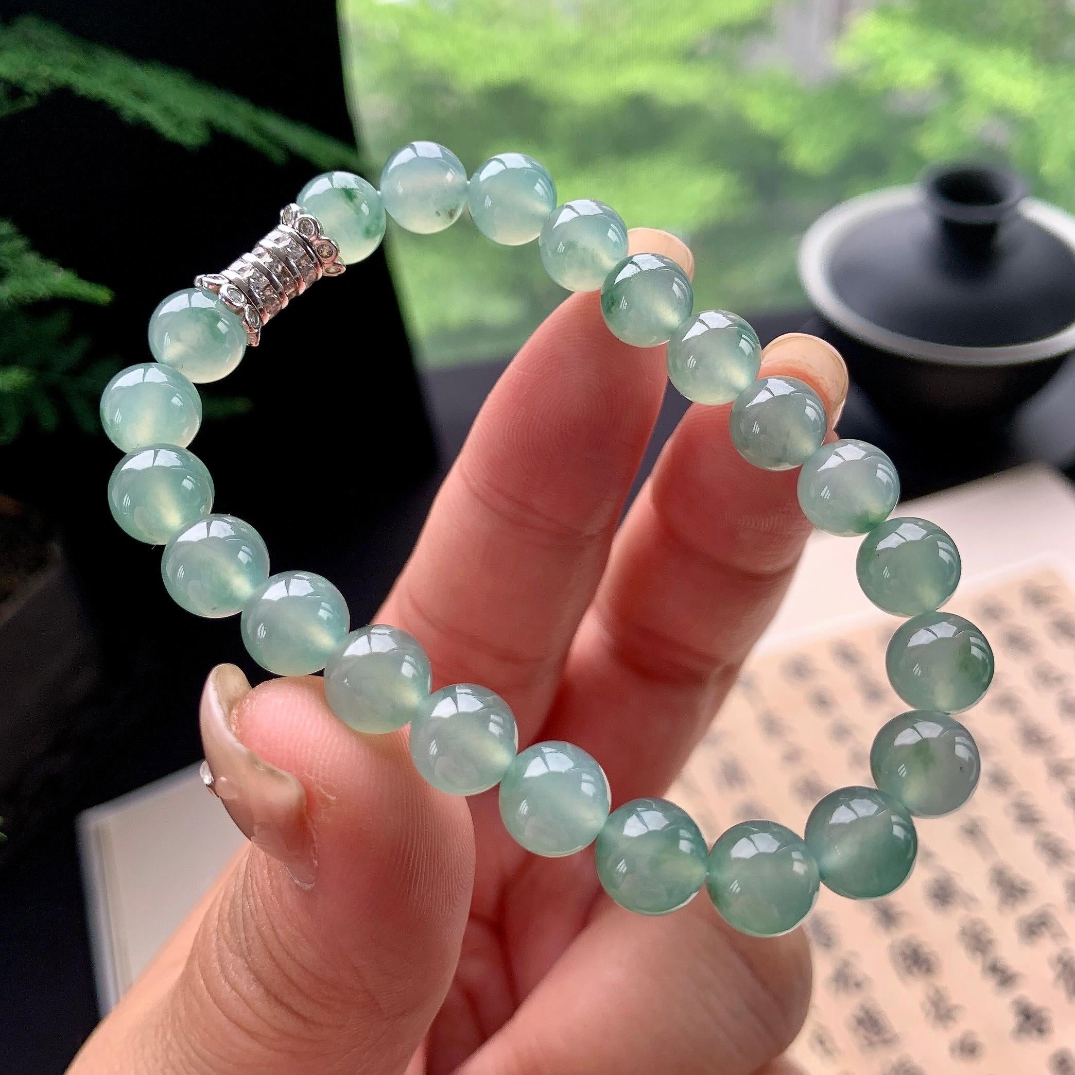 糯冰种晴底飘花手串 天然缅甸A货翡翠（yc473096）