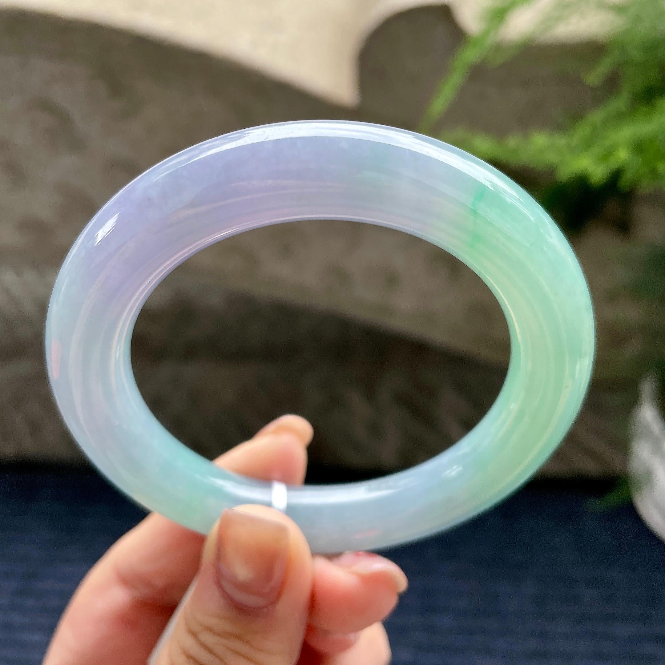 糯冰种春带彩圆条手镯56.3圈口  天然缅甸A货翡翠（yc350663）