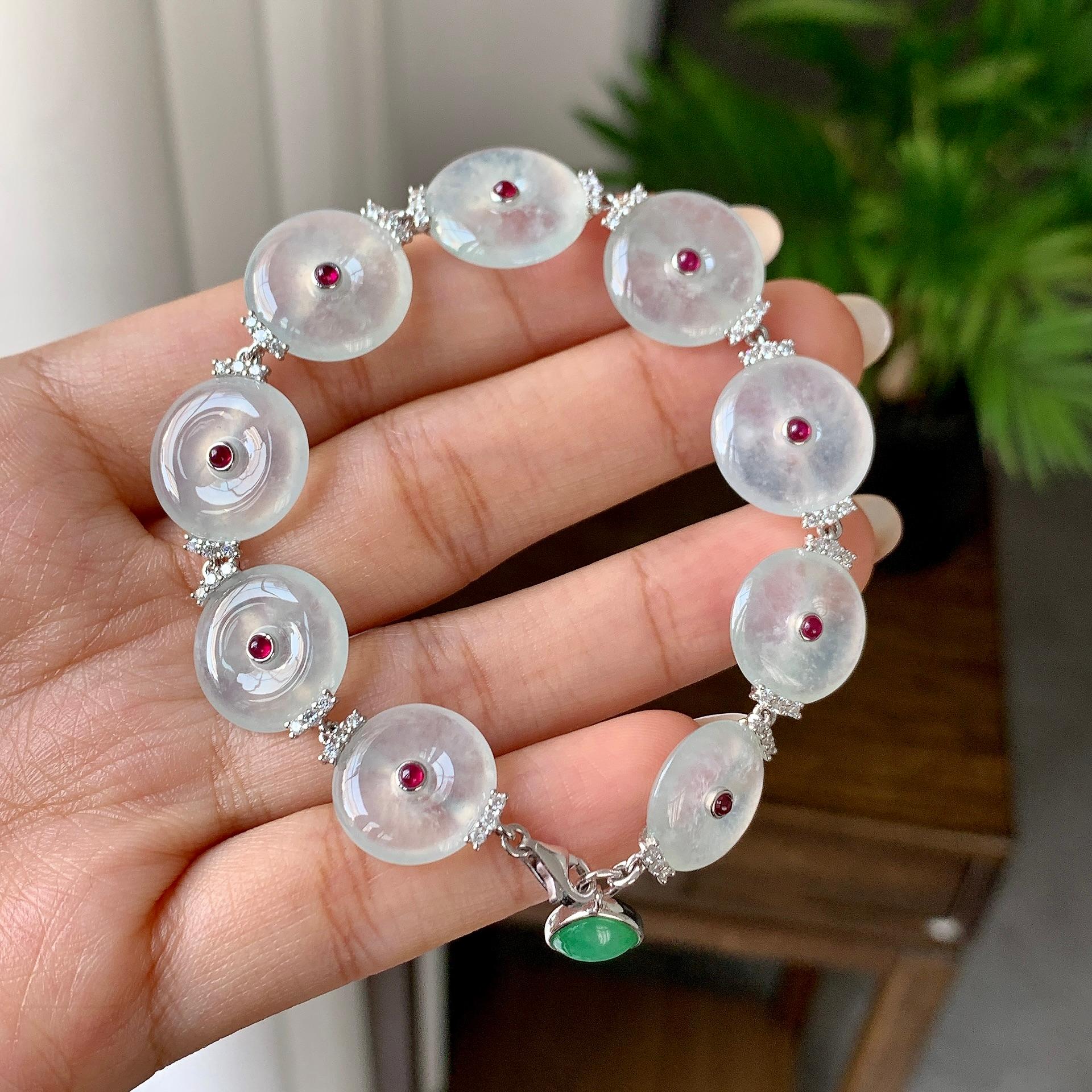 18K金钻镶糯冰种无色平安扣手链（yc246598）