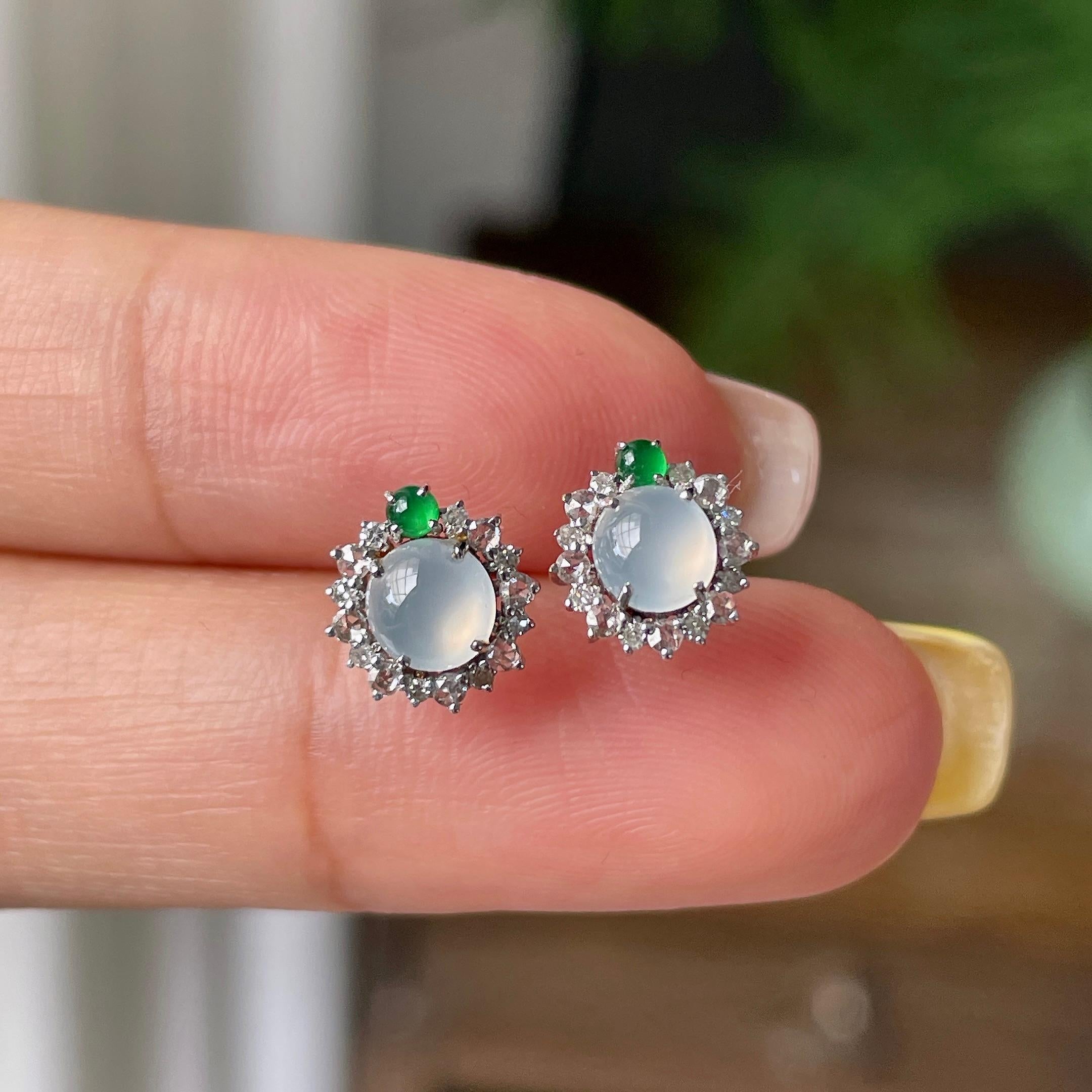 18k金钻镶冰种无色蛋面耳钉   天然缅甸A货翡翠（yc358913）