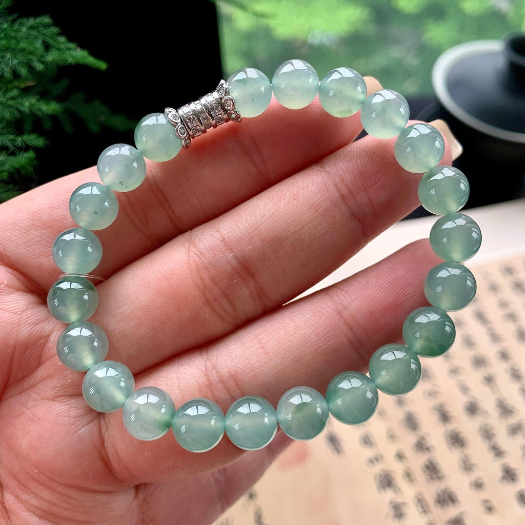糯冰种晴底飘花手串 天然缅甸A货翡翠（yc473096）