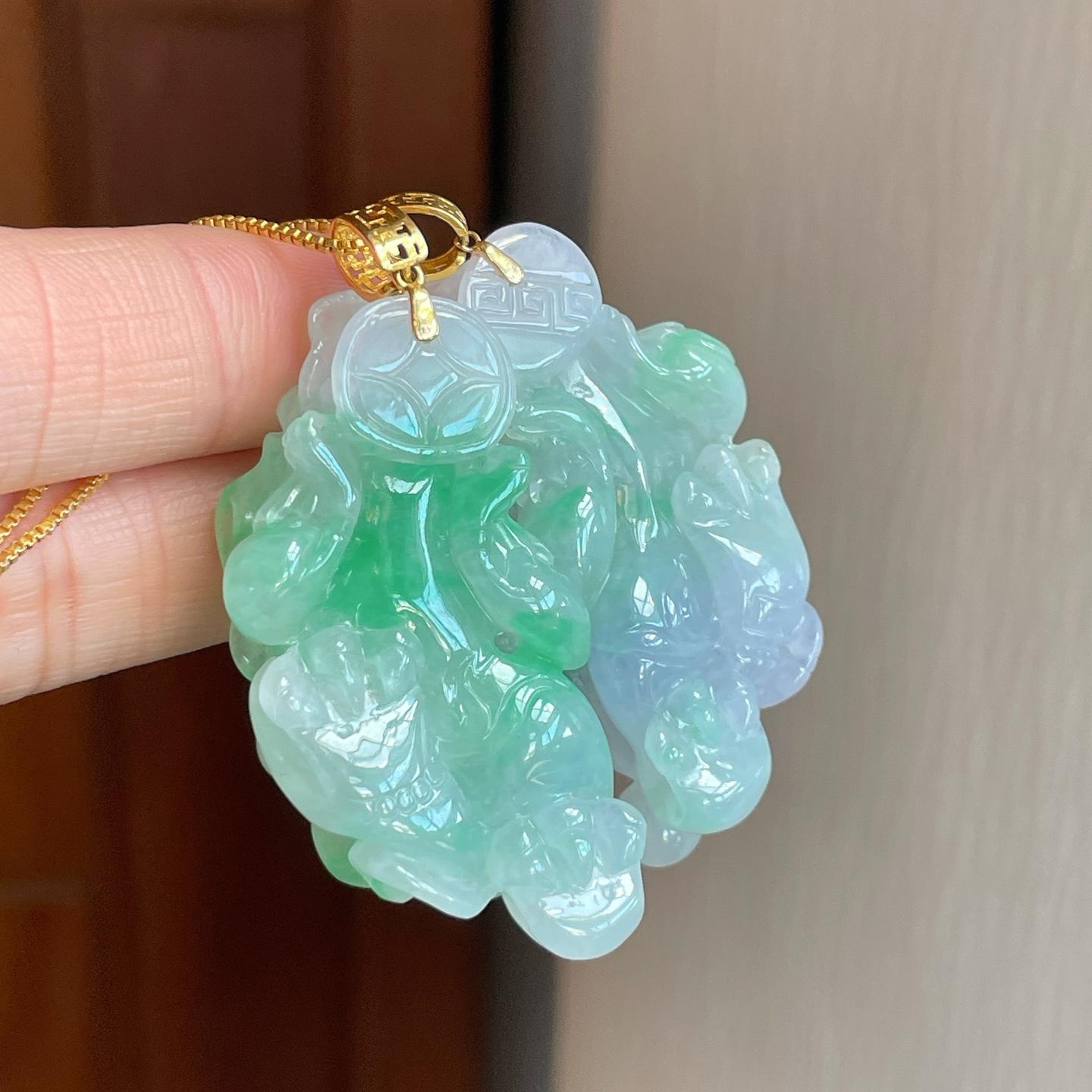 18k金扣头糯冰飘花翡翠貔貅一对（yc277524）