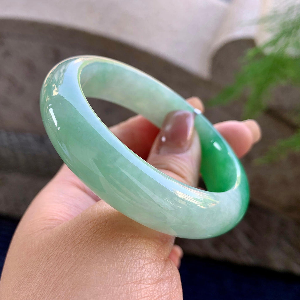 小圈口 细糯种翠绿半山水正圈平安镯 53.8圈口 天然缅甸A货翡翠（yc352080）