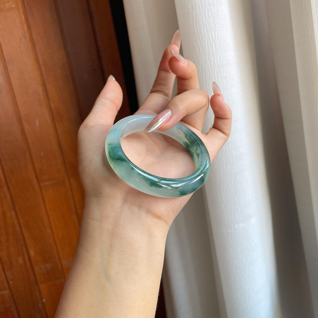 冰种飘蓝花翡翠平安镯（53mm）（yc228073）