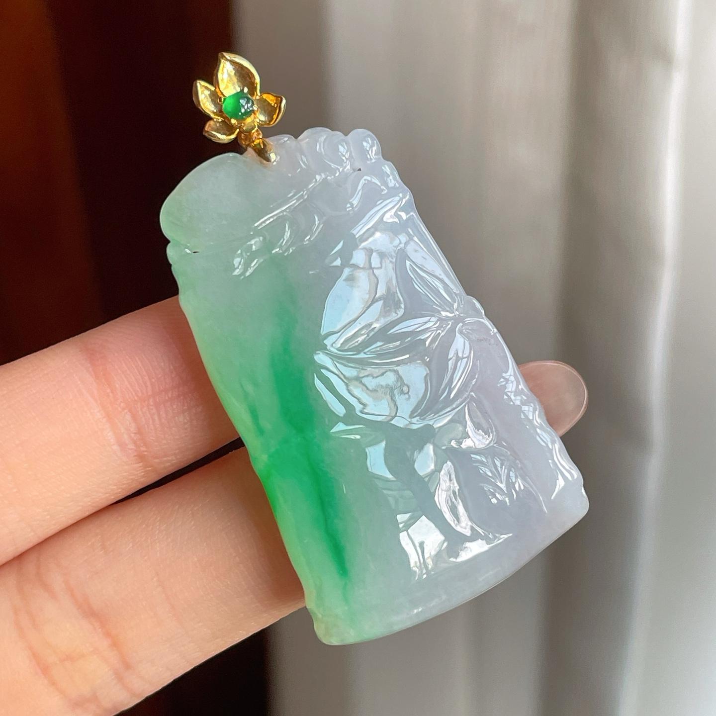 18k金扣糯冰种带色翡翠竹节挂件（yc187605）