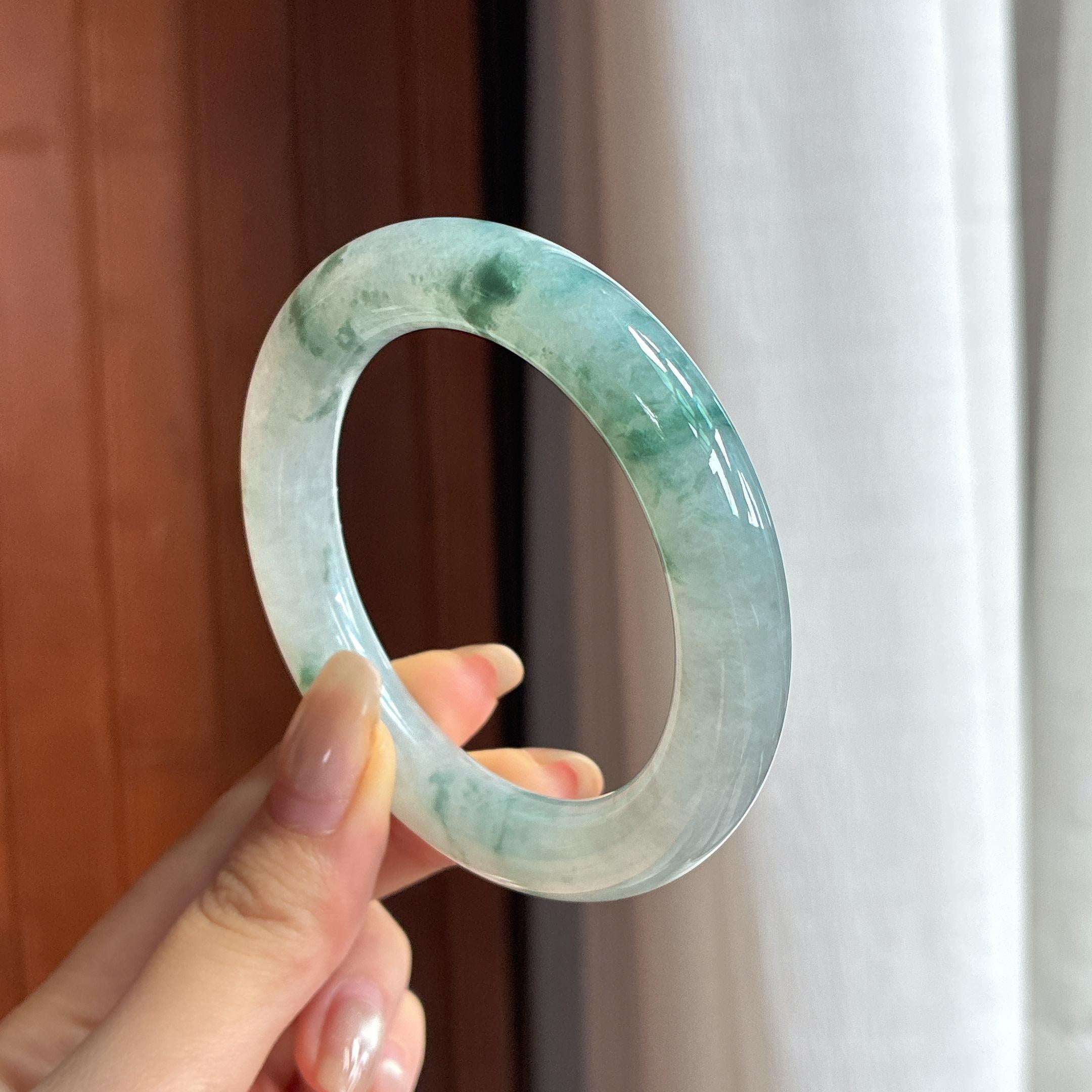 糯冰飘花圆条手镯 53圈 天然缅甸A货翡翠（yc457189）