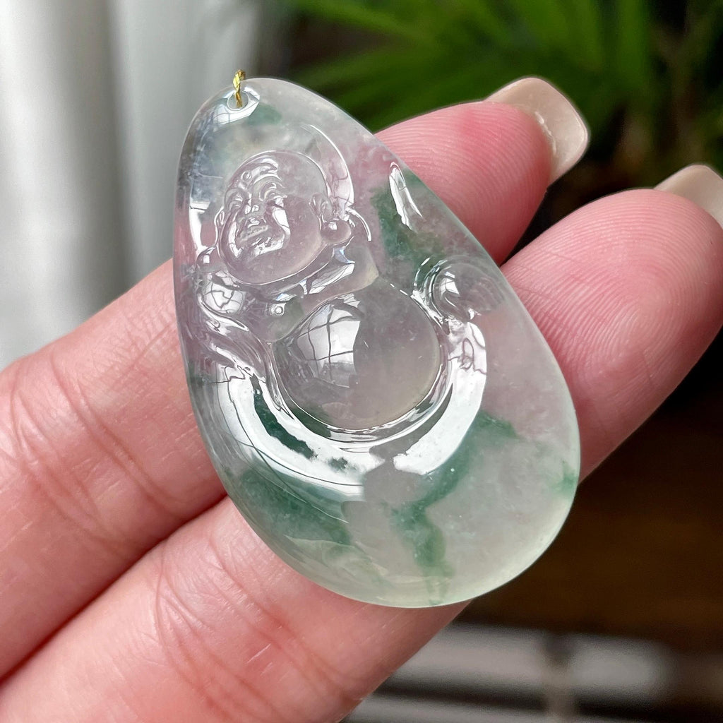 糯冰种飘绿花佛公吊坠  天然缅甸A货翡翠（yc456963）