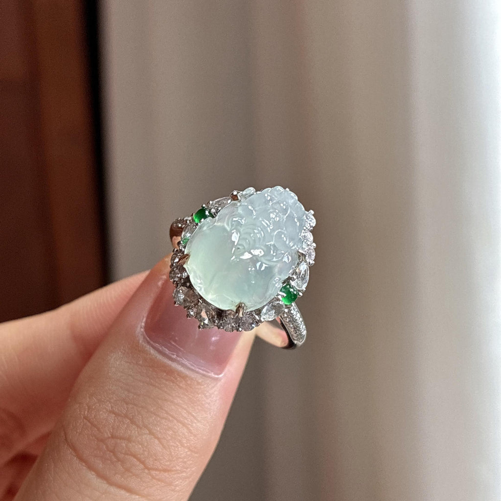 18k金镶冰种淡底色貔貅戒指 天然缅甸A货翡翠（yc525495）