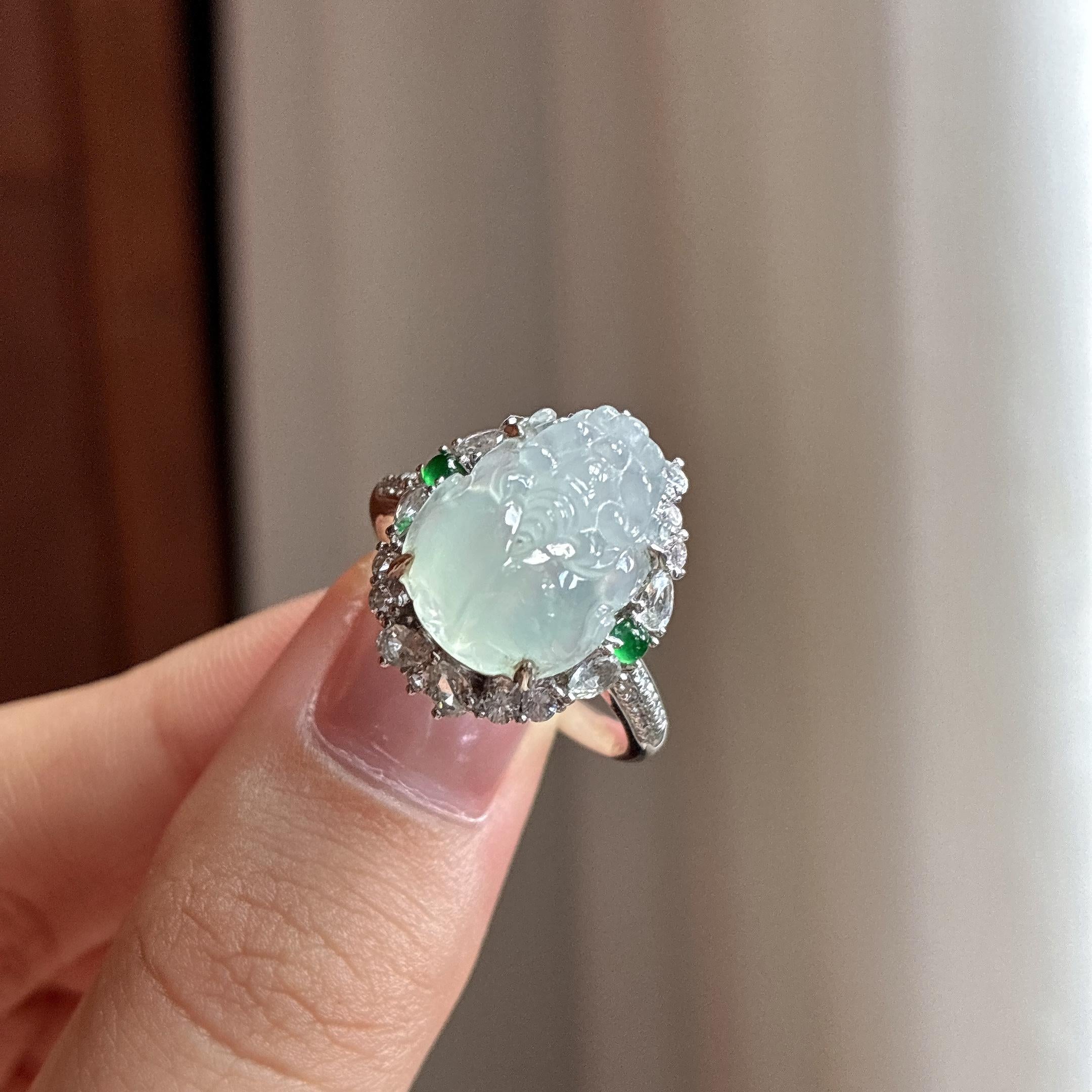 18k金镶冰种淡底色貔貅戒指 天然缅甸A货翡翠（yc525495）