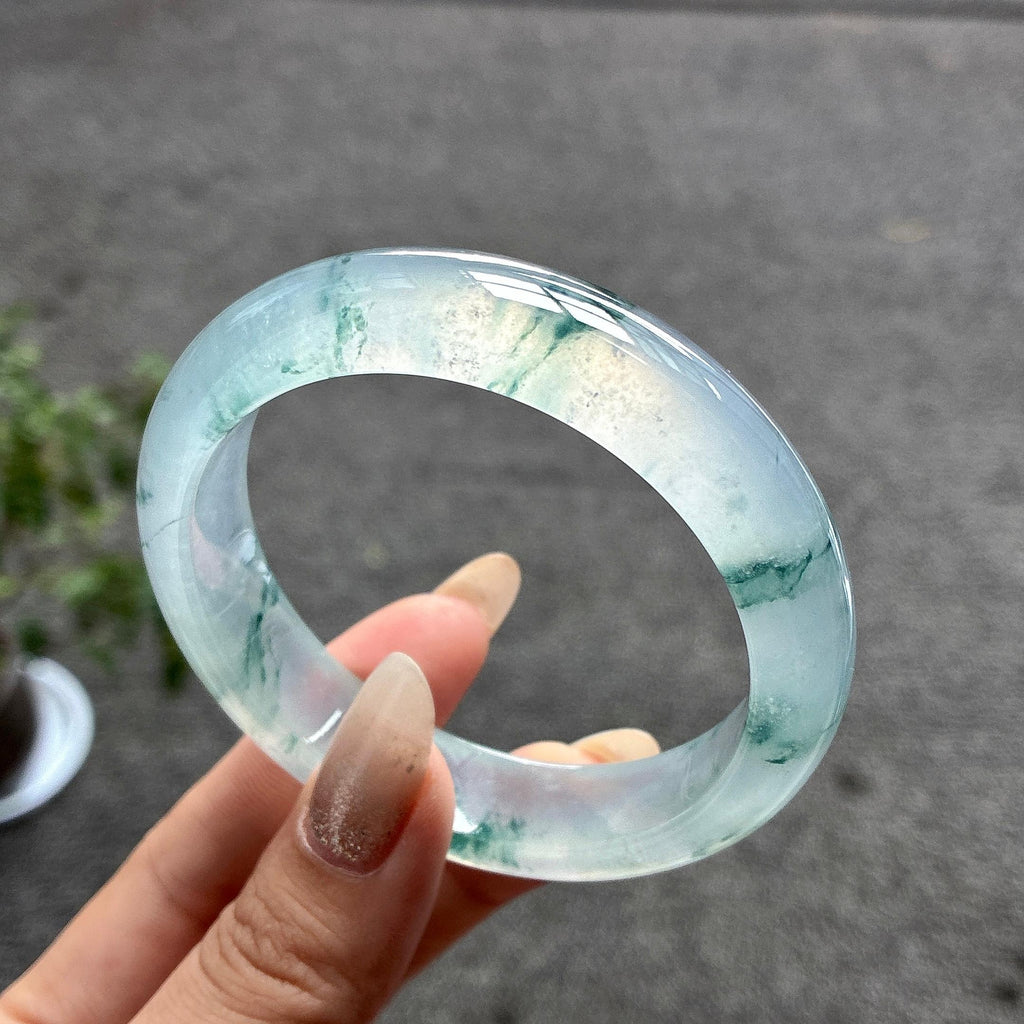 高冰种起光飘花正圈平安镯 56圈 天然缅甸翡翠Ａ货（yc487457）