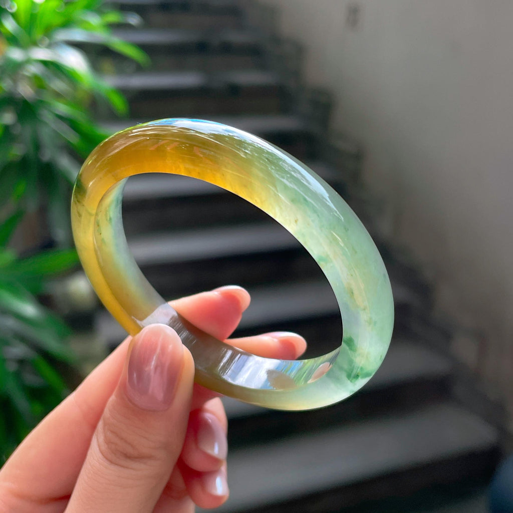 高冰种黄翡飘花特色贵妃镯 53圈 天然缅甸A货翡翠（yc506765）