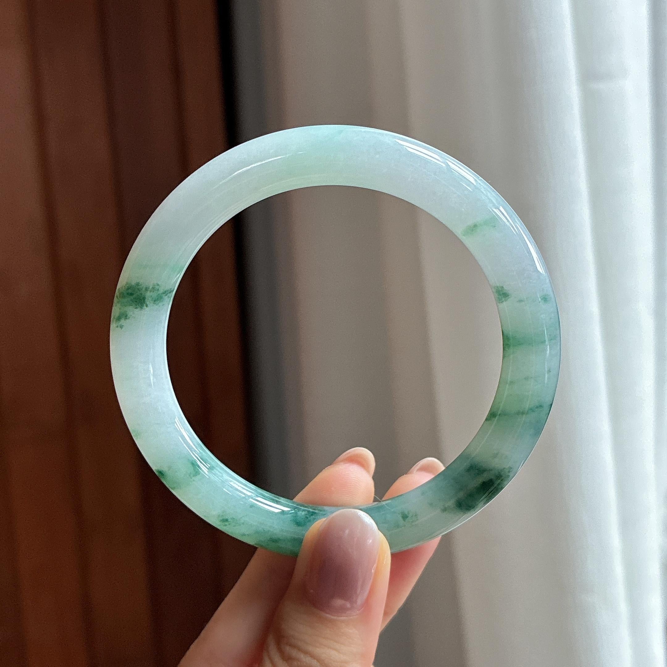 糯冰飘花圆条手镯 57圈 天然缅甸A货翡翠（yc502418）