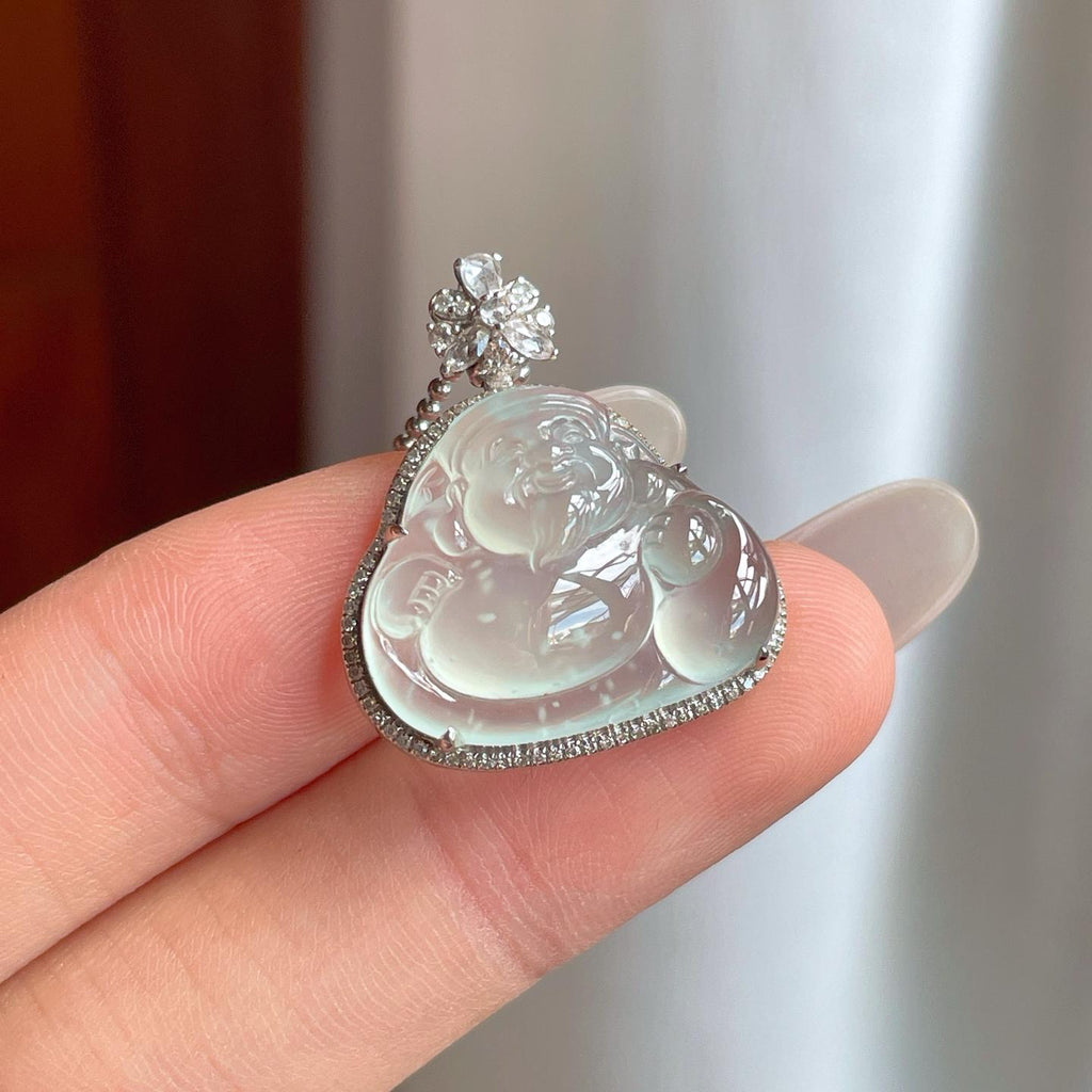 18k金钻镶冰玻种雪花棉翡翠佛公（yc269040）