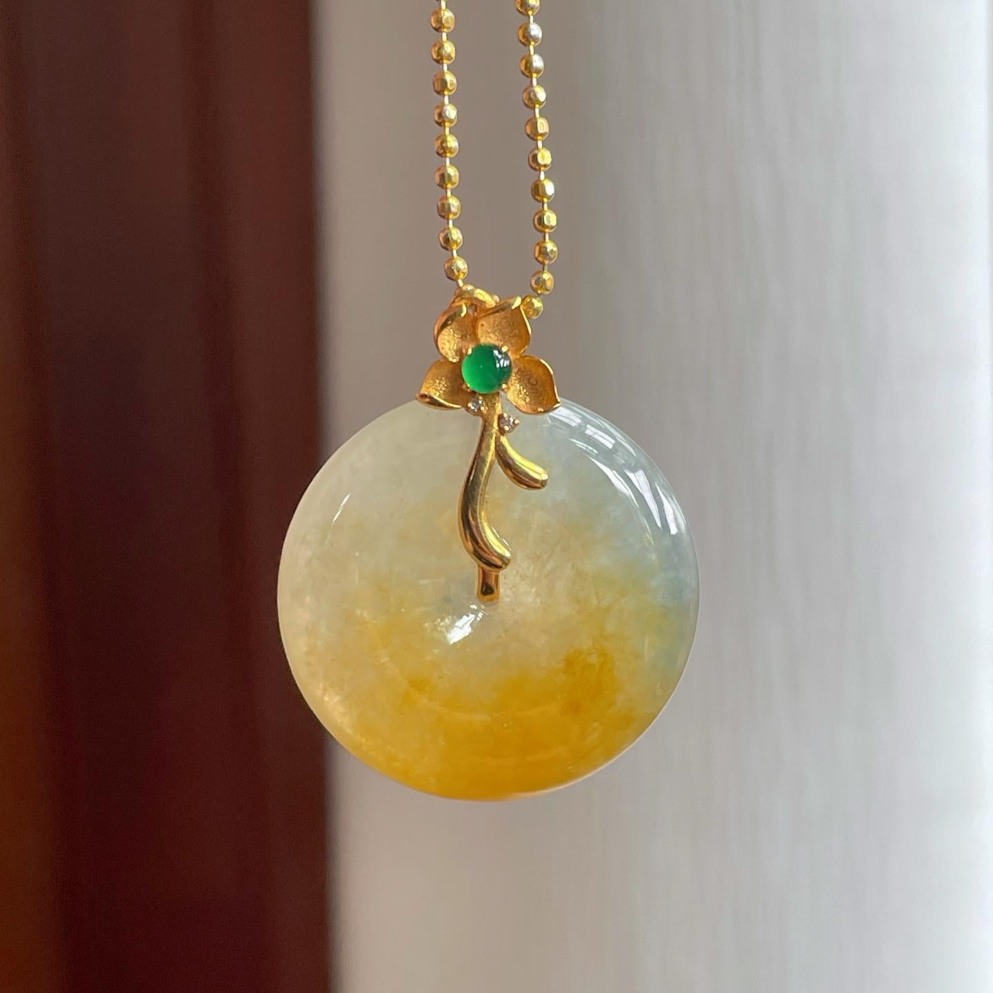 18k金镶糯冰黄翡翡翠平安扣（yc253124）