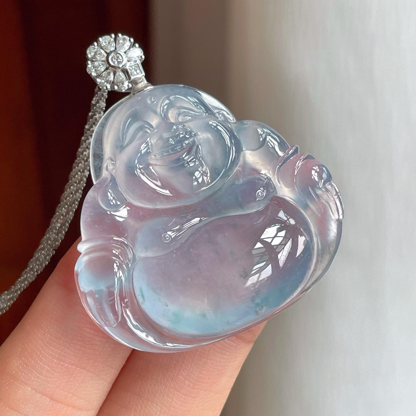 18k金扣冰玻种蓝底飘花翡翠佛公（yc248544）