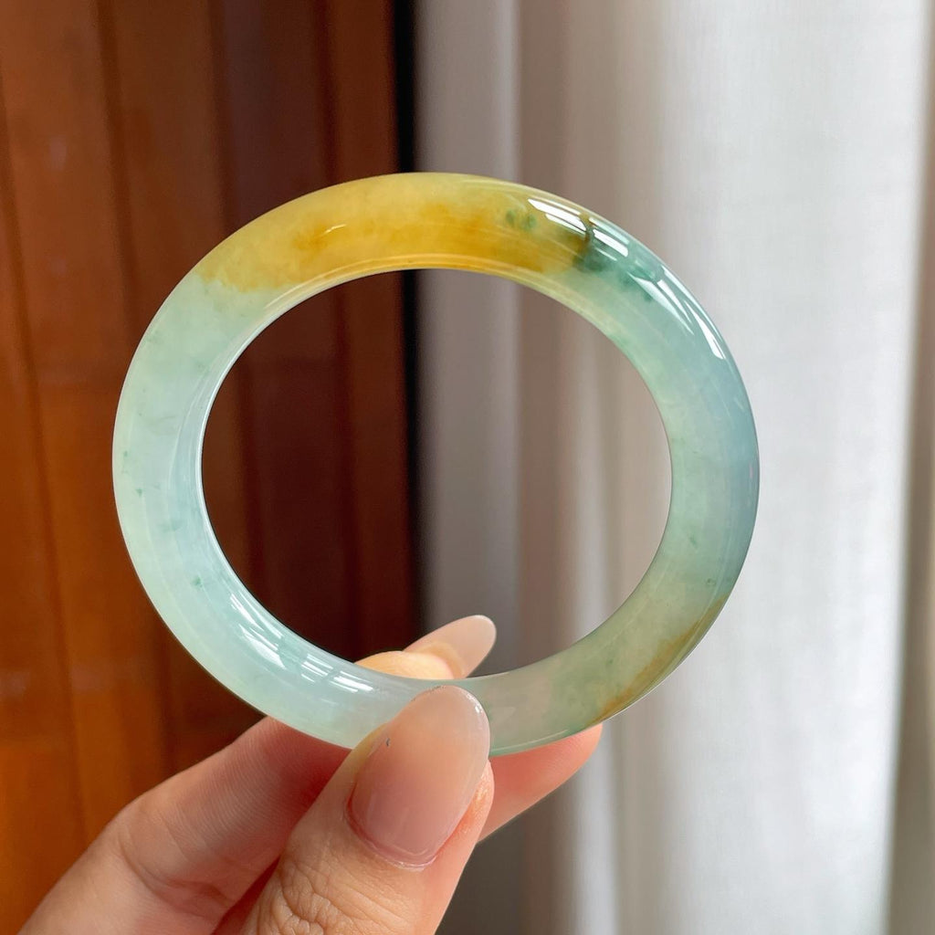 冰种黄翡飘花翡翠圆条手镯（51.5mm）（yc240467）