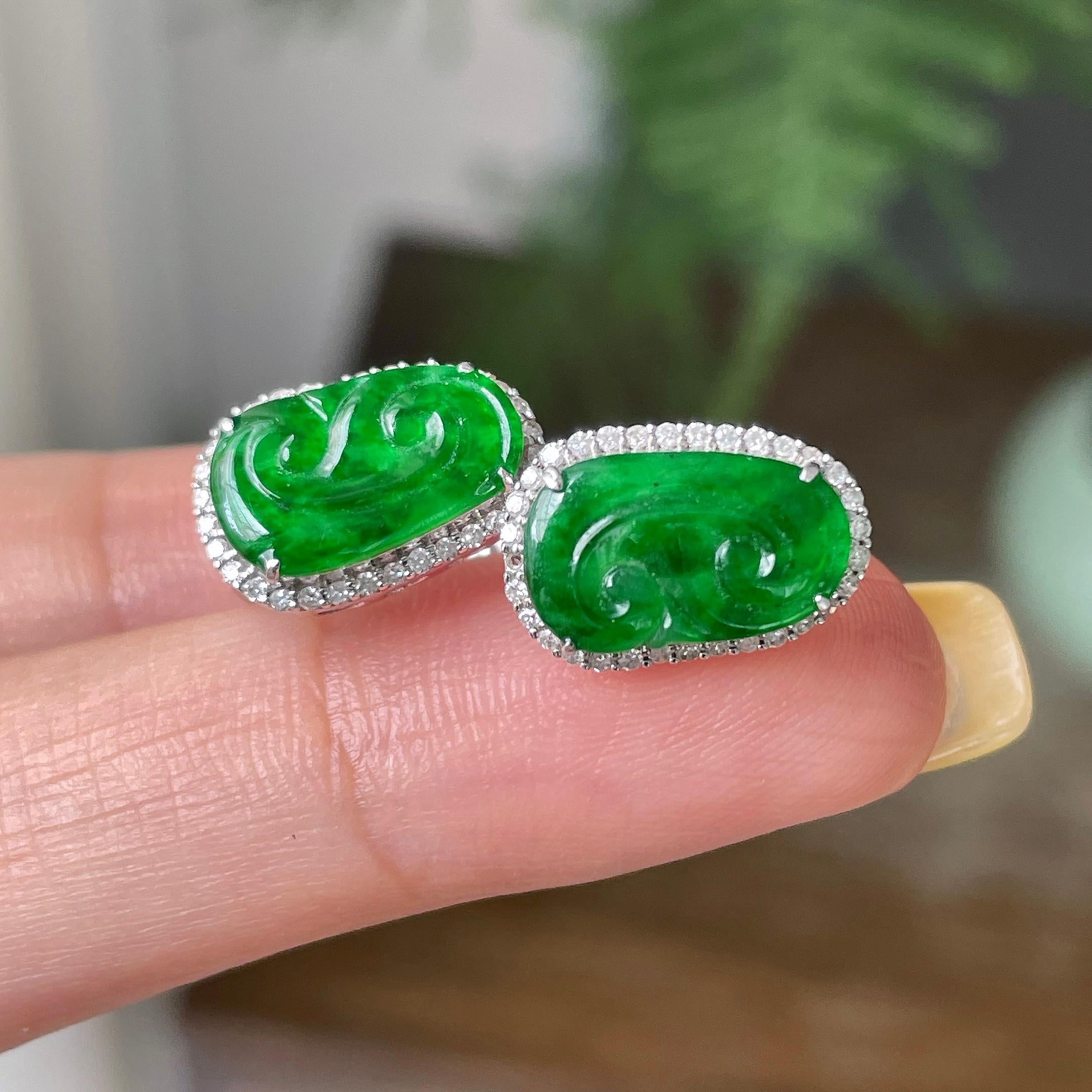 18k金钻镶细糯种满绿如意耳钉     天然缅甸A货翡翠（yc362133）