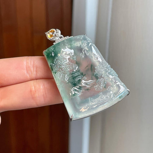 18k金钻镶冰玻种飘花翡翠山水牌（yc323218）