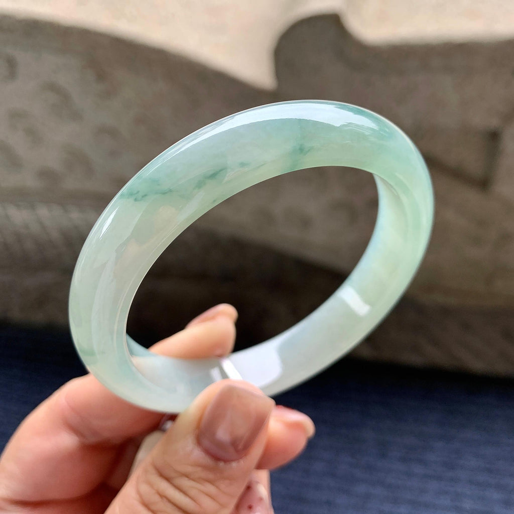 糯冰种晴底飘蓝花正圈平安镯 57.8圈口 天然缅甸A货翡翠（yc345053）