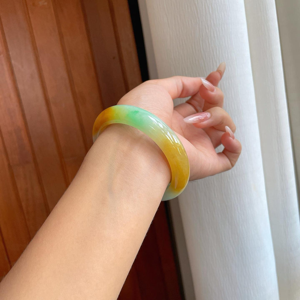 糯冰黄加绿翡翠平安镯（58.5mm）（yc268243）