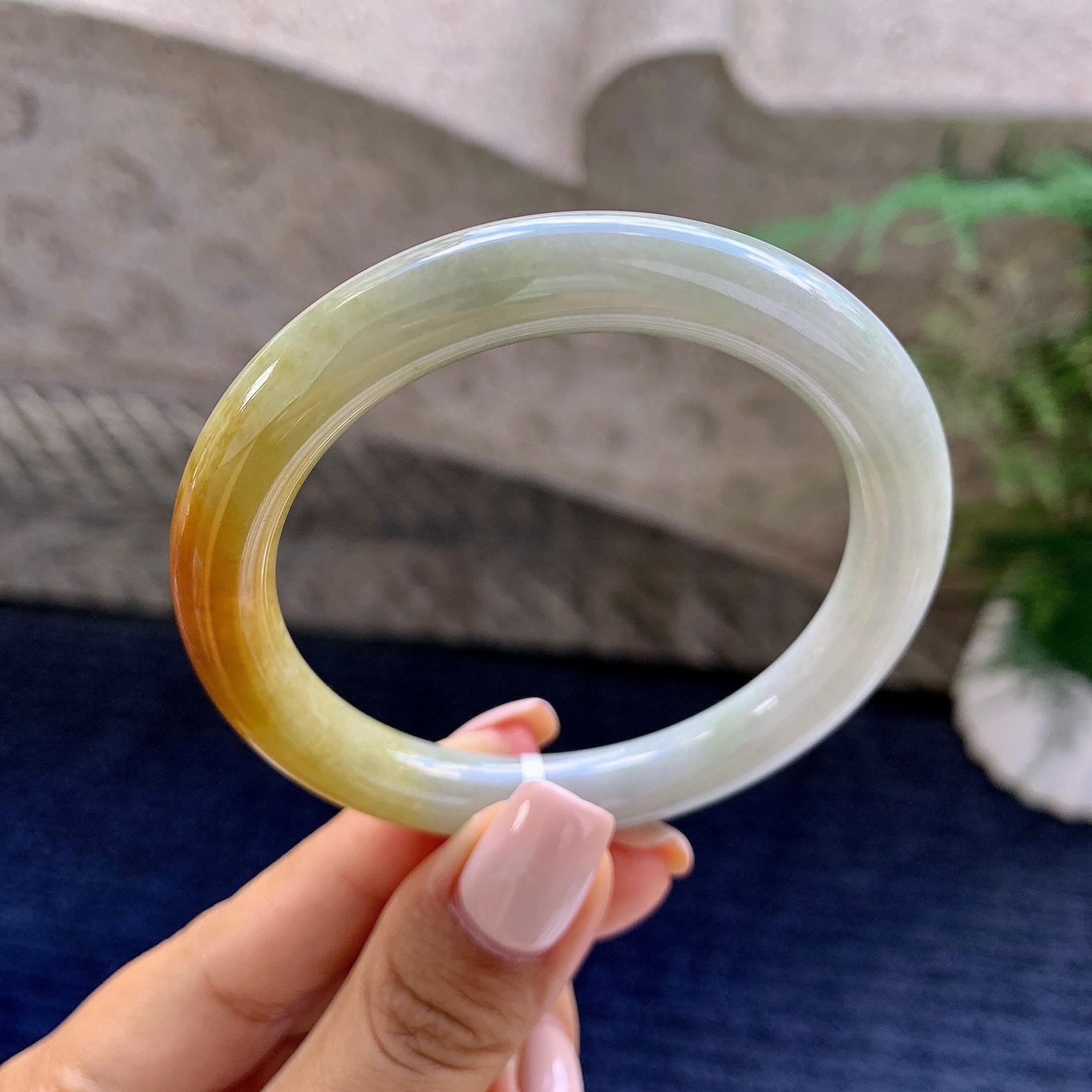 糯种黄翡圆条手镯（53.8mm）（yc223953）
