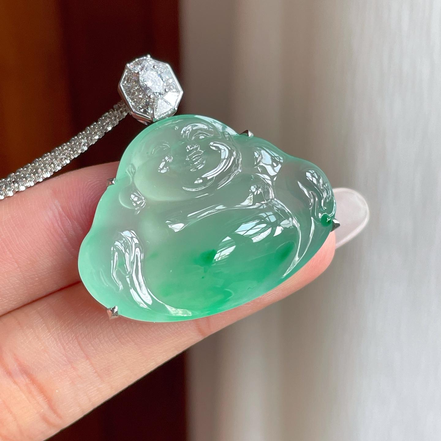 18k金钻镶冰种飘花翡翠佛公（yc263550）