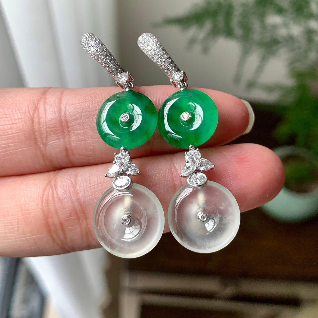 18K金钻镶糯冰种满绿平安扣耳坠（yc253819）