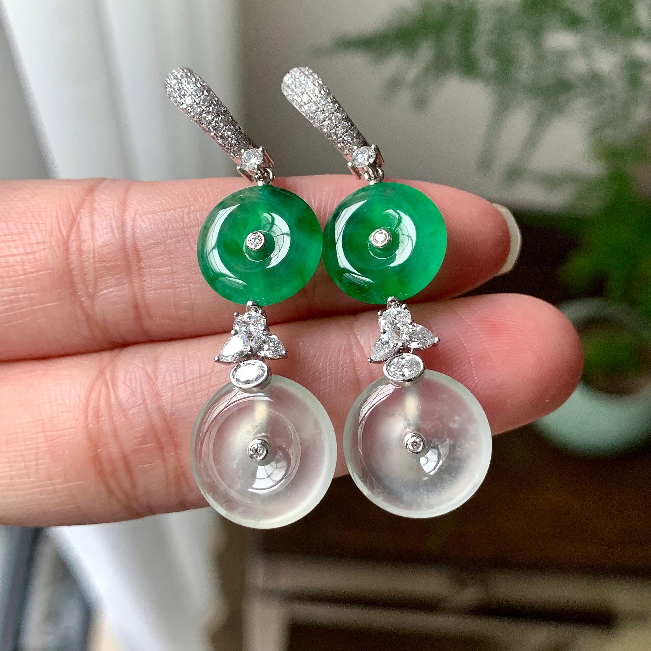 18K金钻镶糯冰种满绿平安扣耳坠（yc253819）