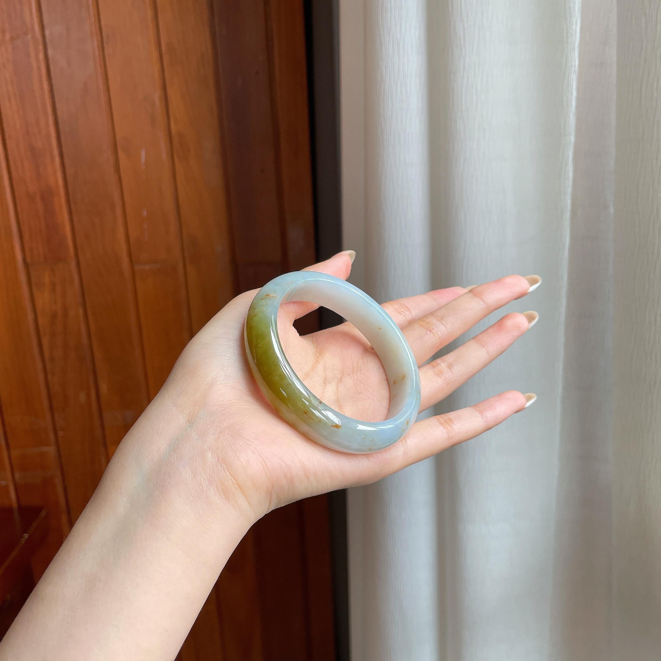 糯冰黄翡宽版翡翠平安镯（58mm)（yc417334）