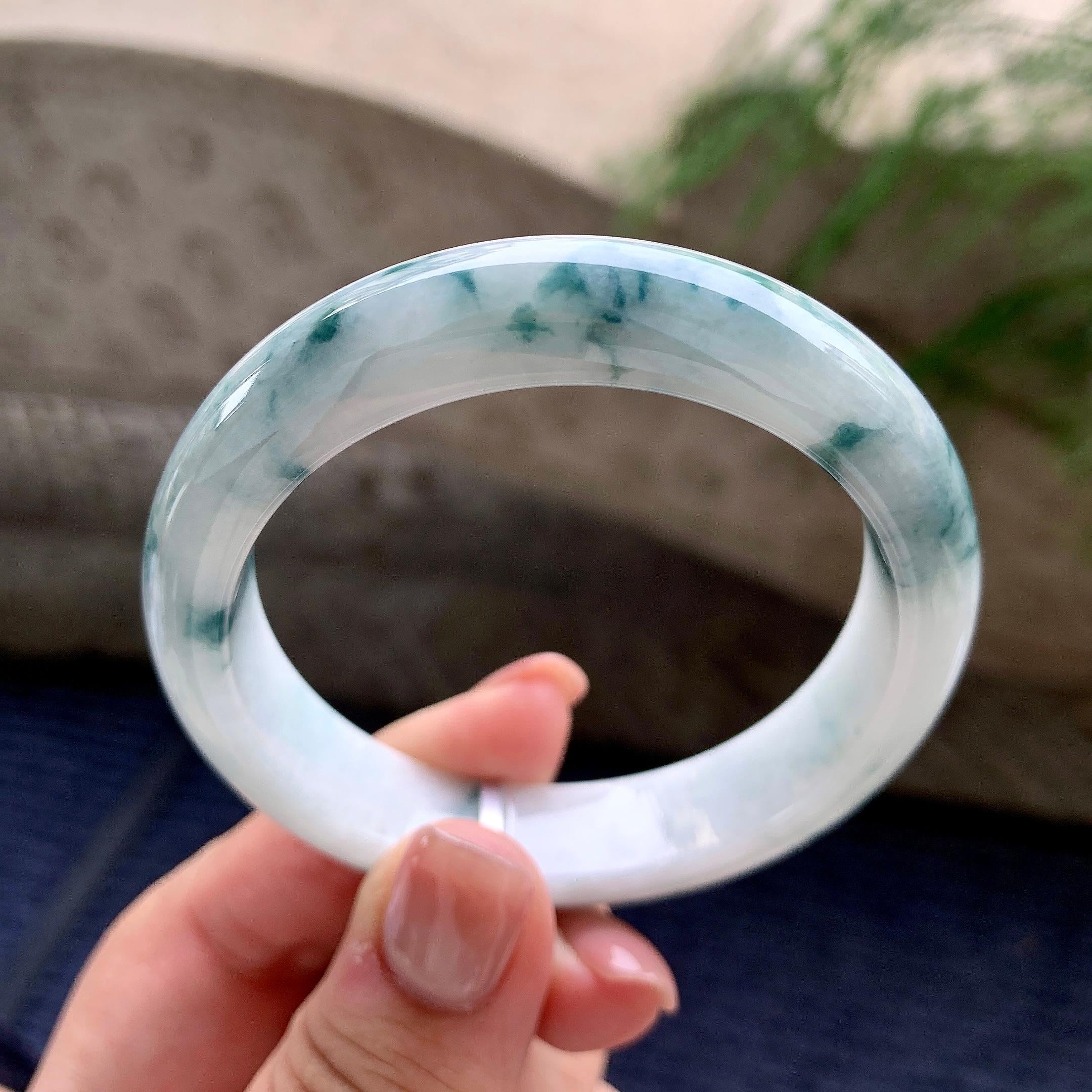 糯种飘蓝花正圈平安镯 53圈口 天然缅甸A货翡翠（yc481926）