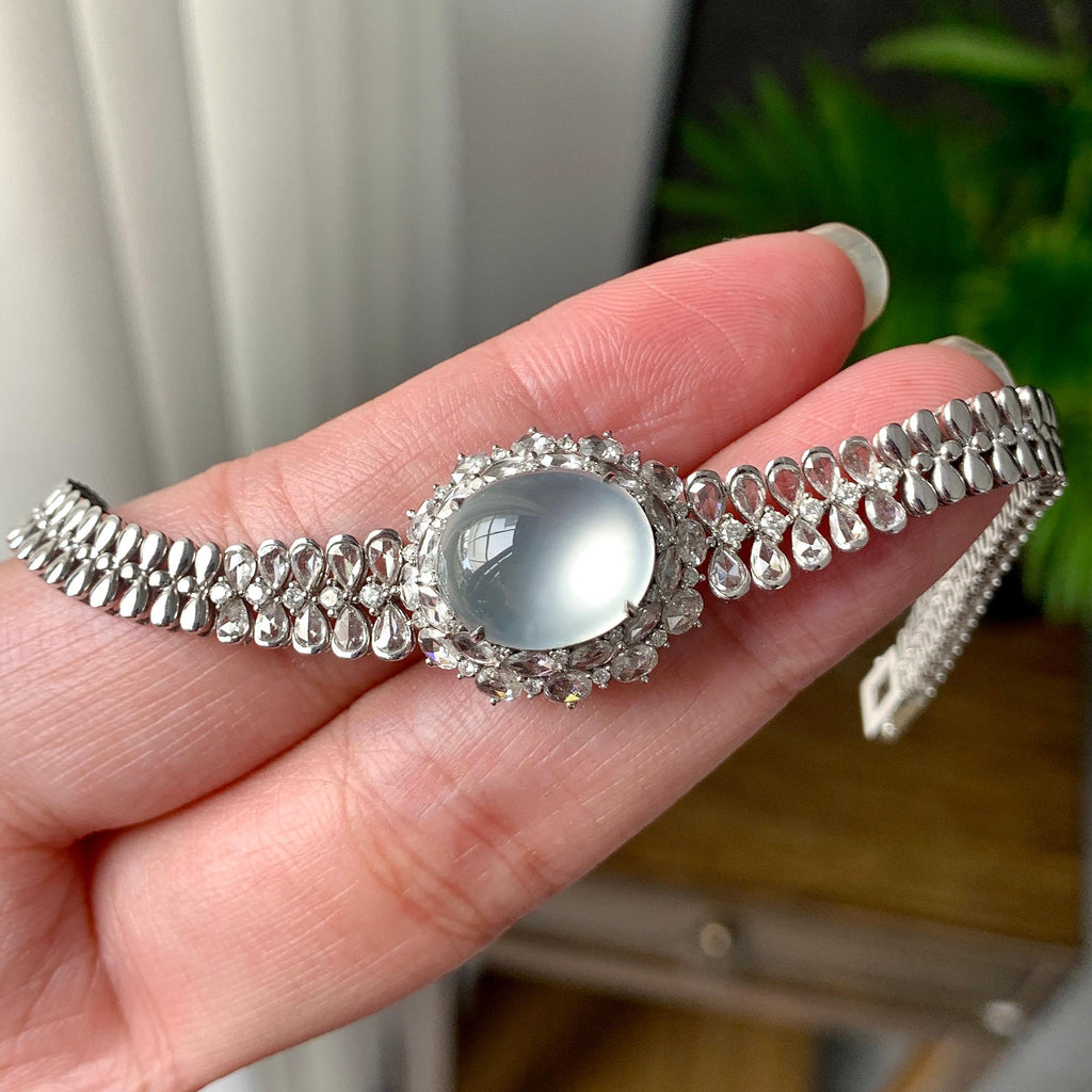 18K金钻镶冰种无色蛋面手链（yc224989）