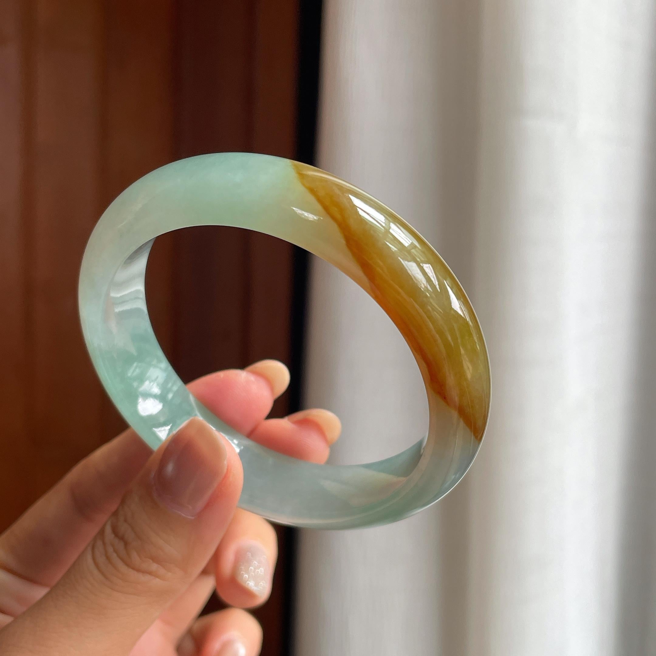 冰种蓝底黄翡翡翠平安镯（57mm）（yc412132）