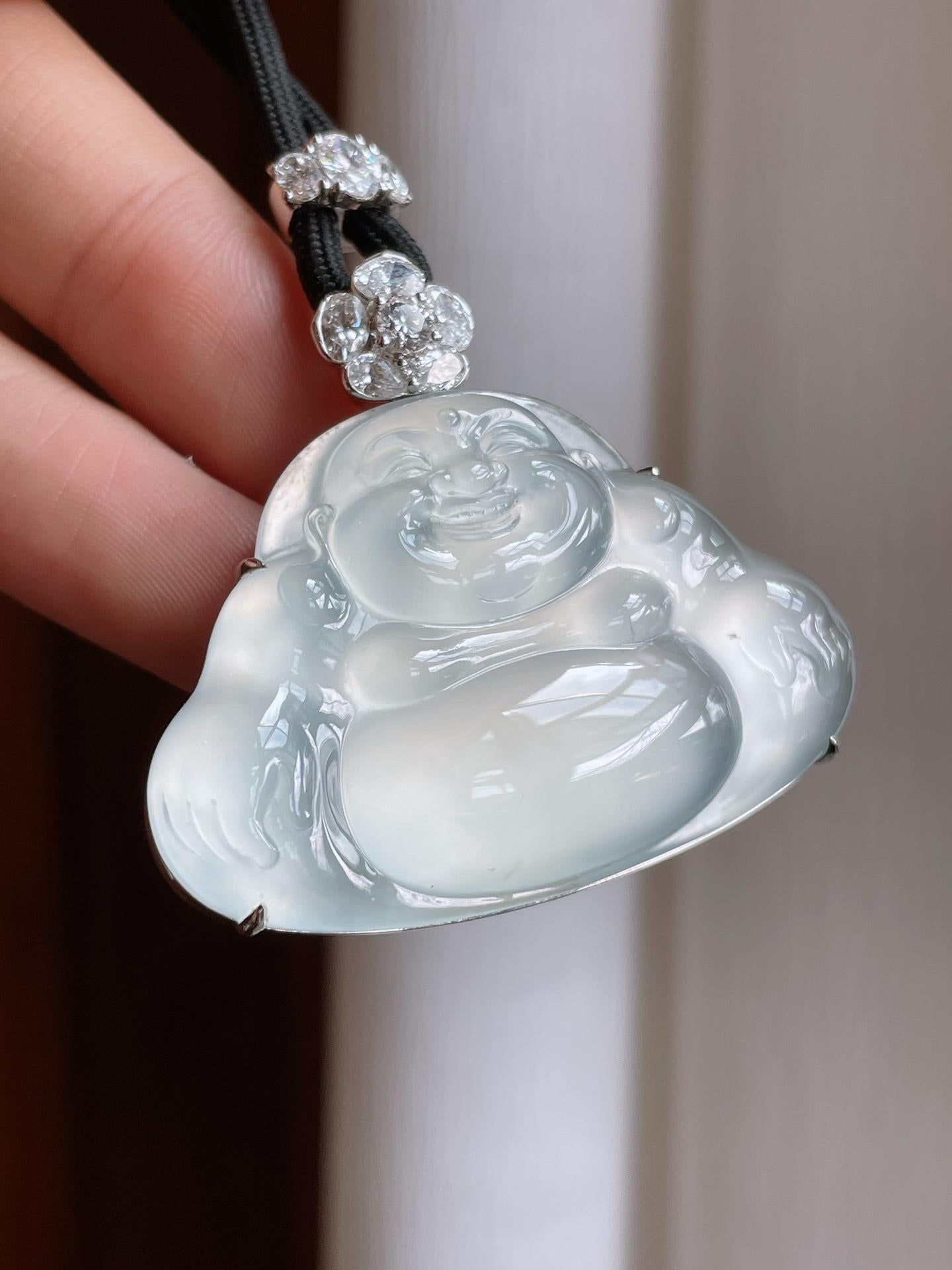 18k金镶冰玻种无色翡翠佛公（yc233170）