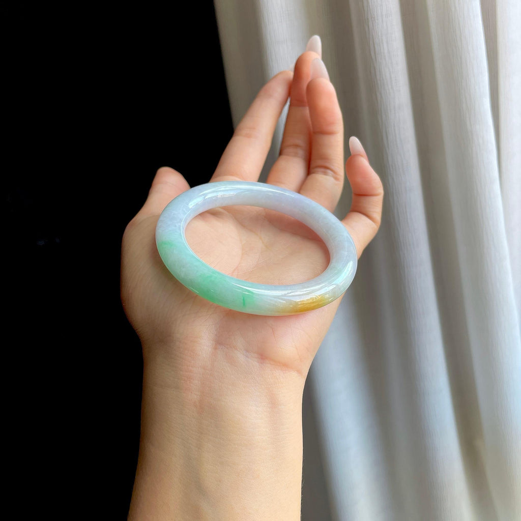 糯冰黄加绿翡翠圆条手镯（53mm）（yc295022）