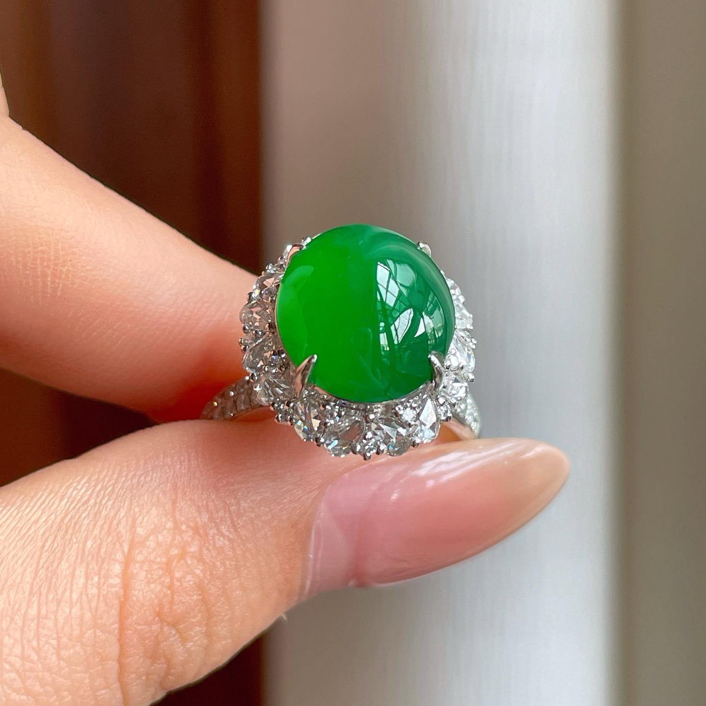 18k金钻镶冰种满绿翡翠戒指（yc350496）