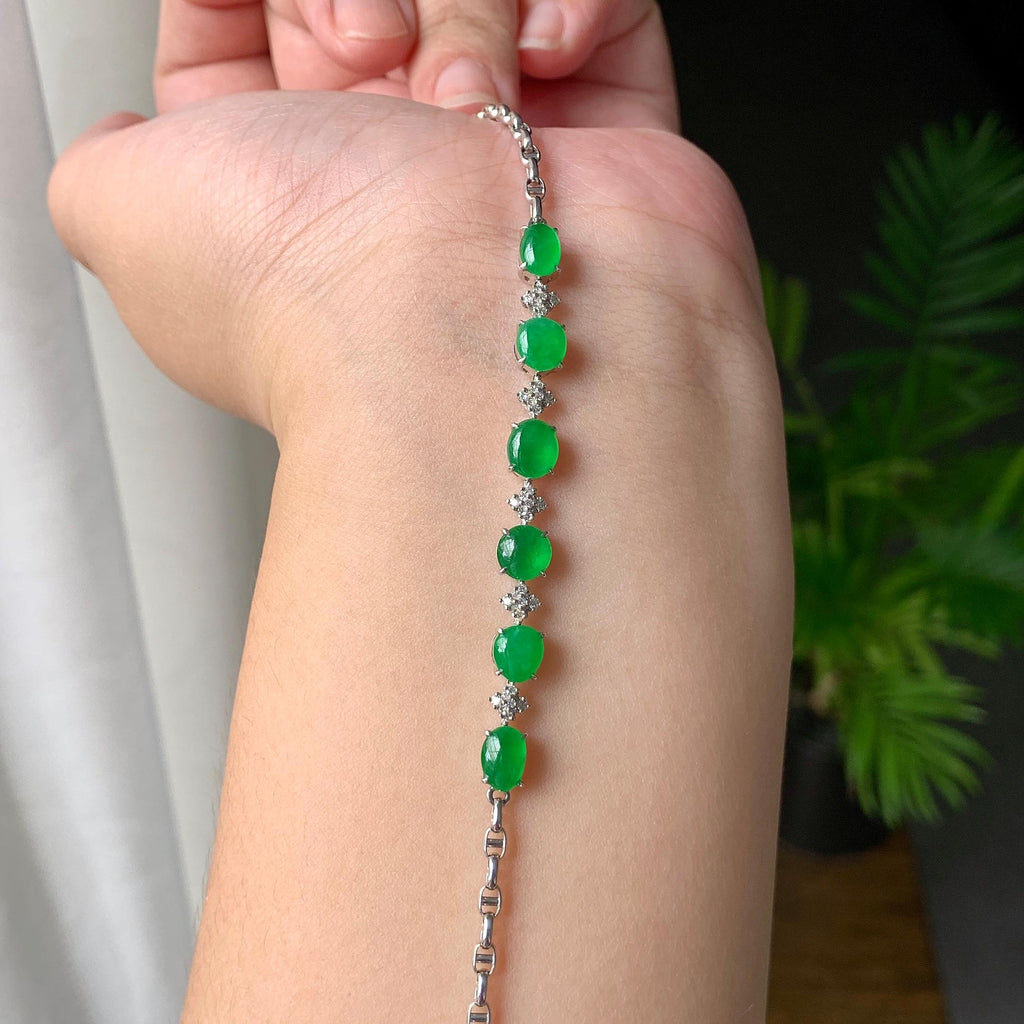 18K金钻镶糯冰种满绿蛋面手链（yc207282）