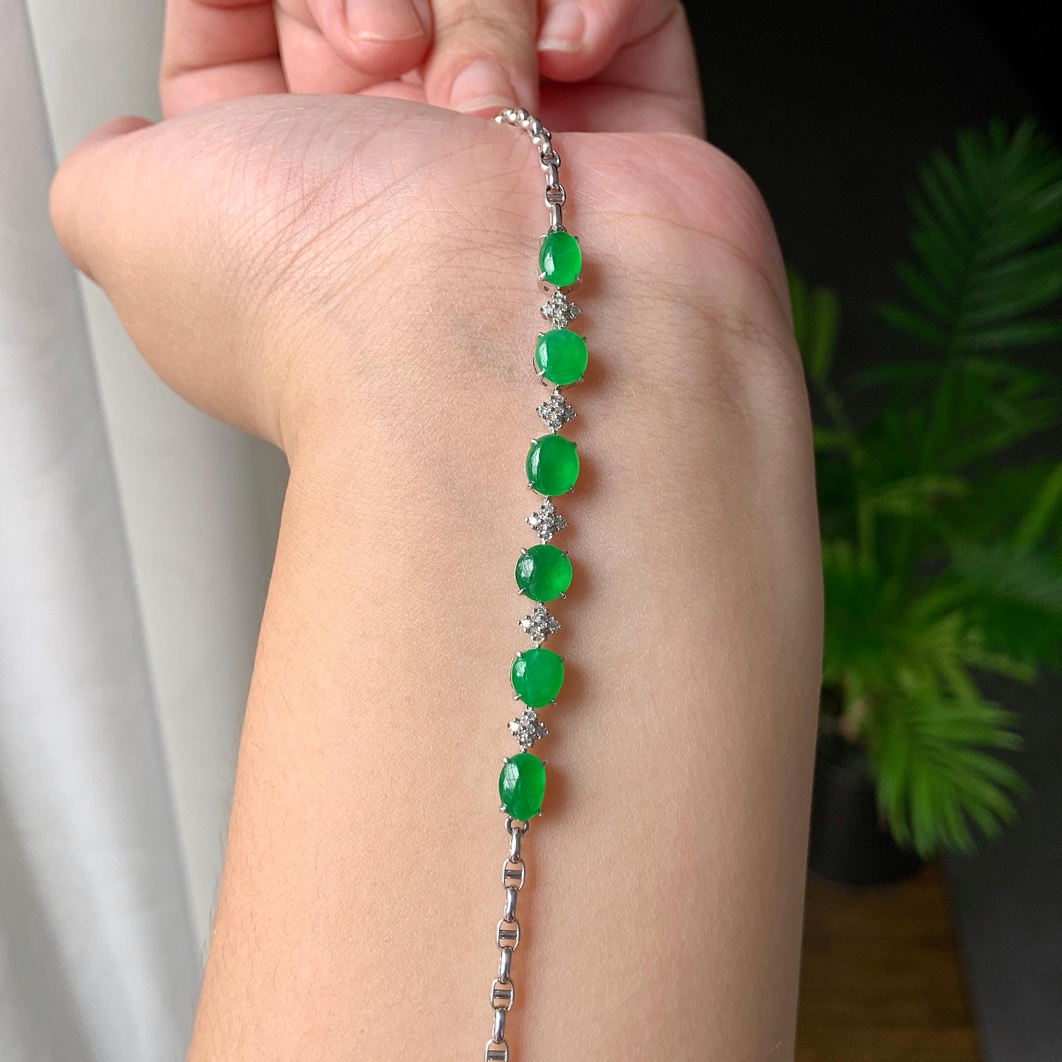 18K金钻镶糯冰种满绿蛋面手链（yc207282）