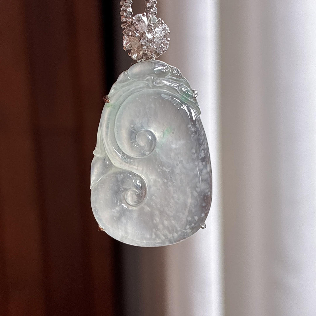 18K金镶冰种雪花棉如意挂件 天然缅甸A货翡翠（yc506693）