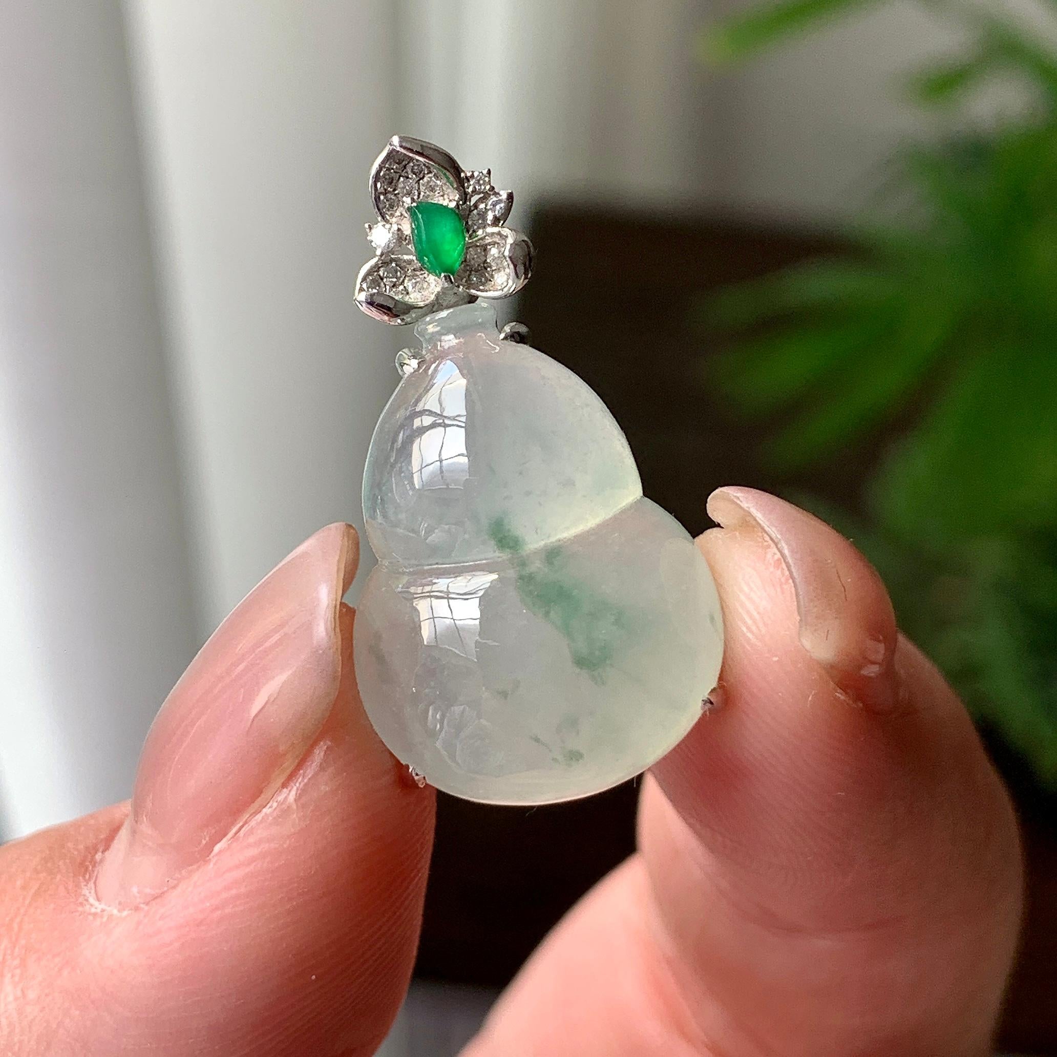 18K金钻镶糯冰种飘绿花葫芦吊坠 天然缅甸A货翡翠（yc356840）