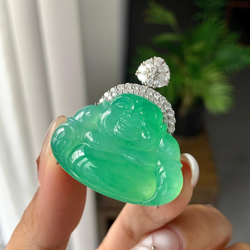 18K金钻镶冰种满绿佛公吊坠（yc252552）