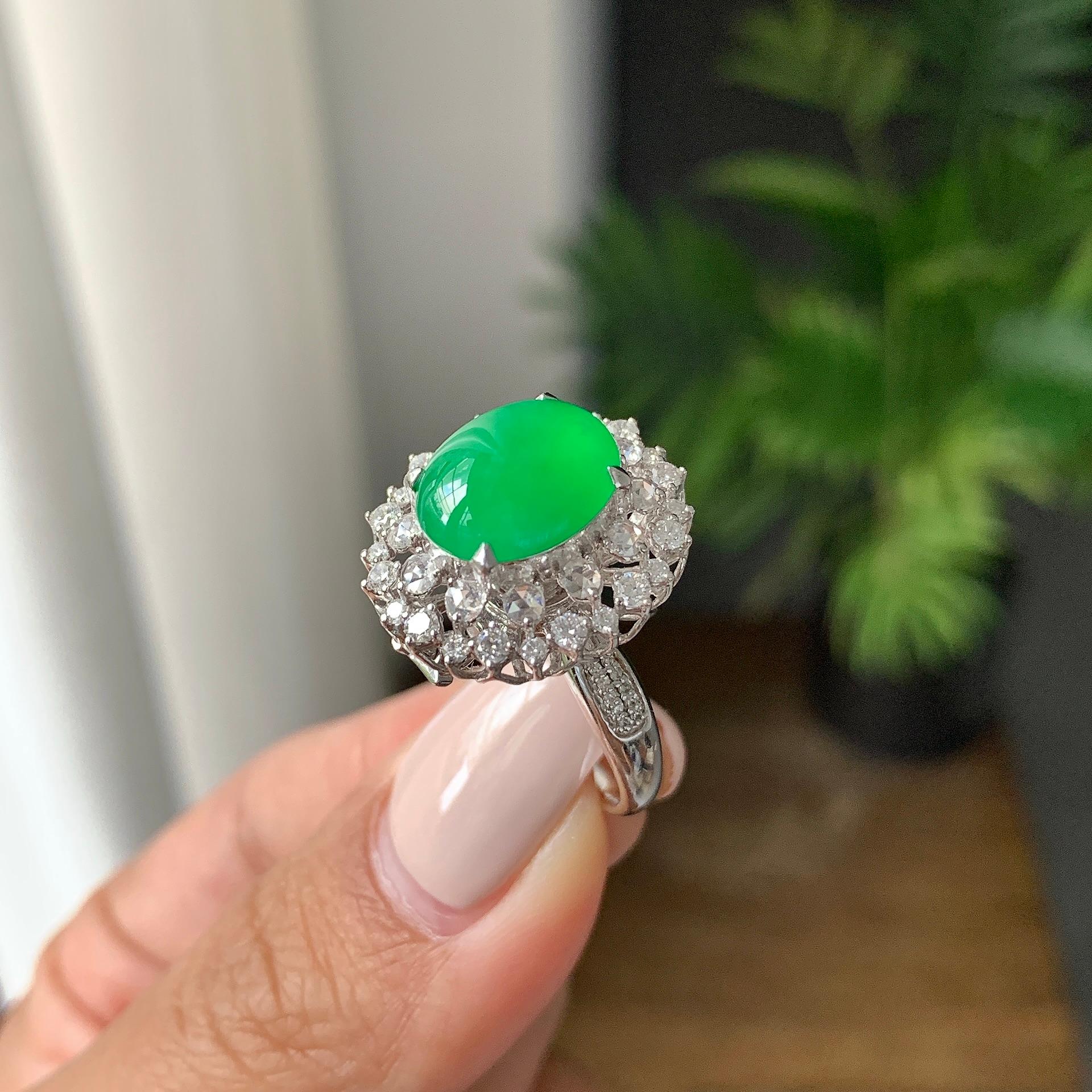 18k金钻镶糯冰种满绿蛋面戒指/手链（两用款）（yc231038）