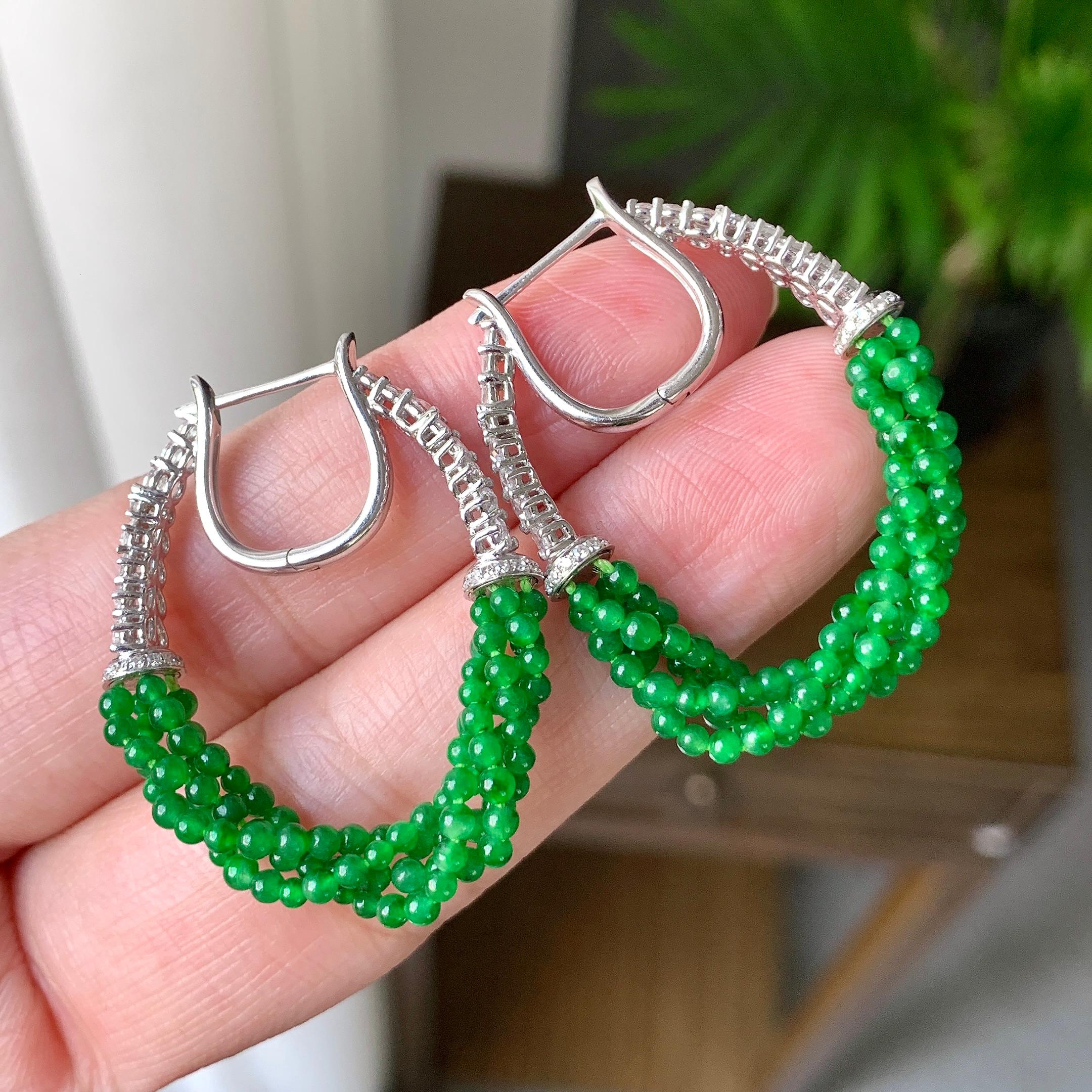 18K金钻镶糯冰种满绿小米珠耳坠（yc248201）