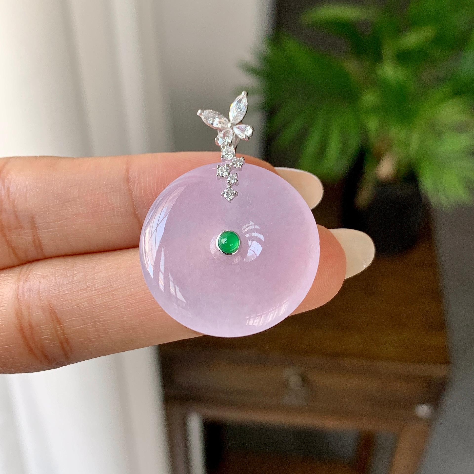 18K金钻镶糯冰种淡粉底平安扣吊坠（yc248216）