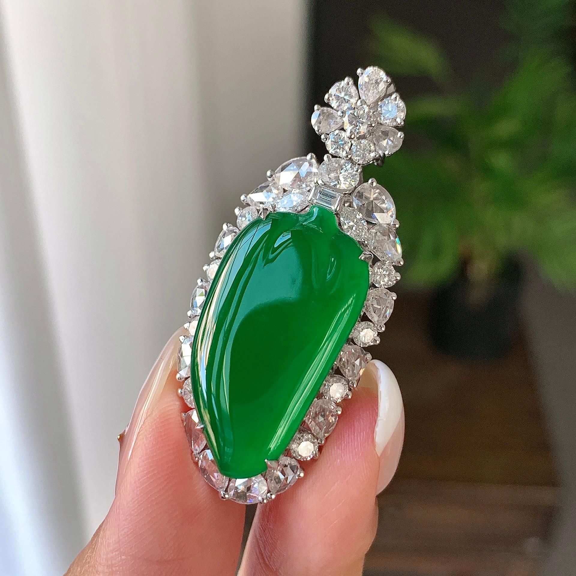 18k金钻镶冰种阳绿福瓜吊坠/项链（两用款）（yc242687）