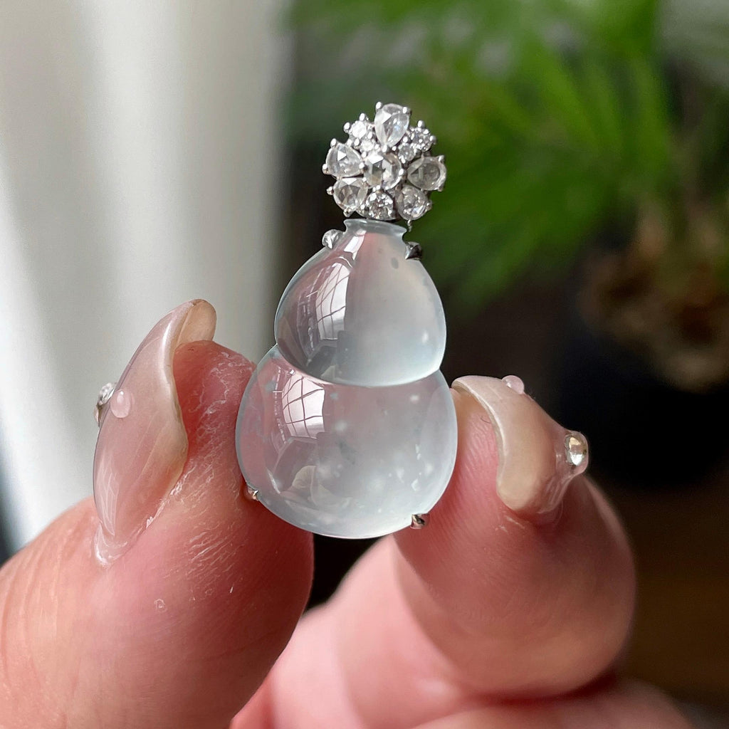 18K金玻璃种雪花棉葫芦挂件天然缅甸A货翡翠（yc462955）