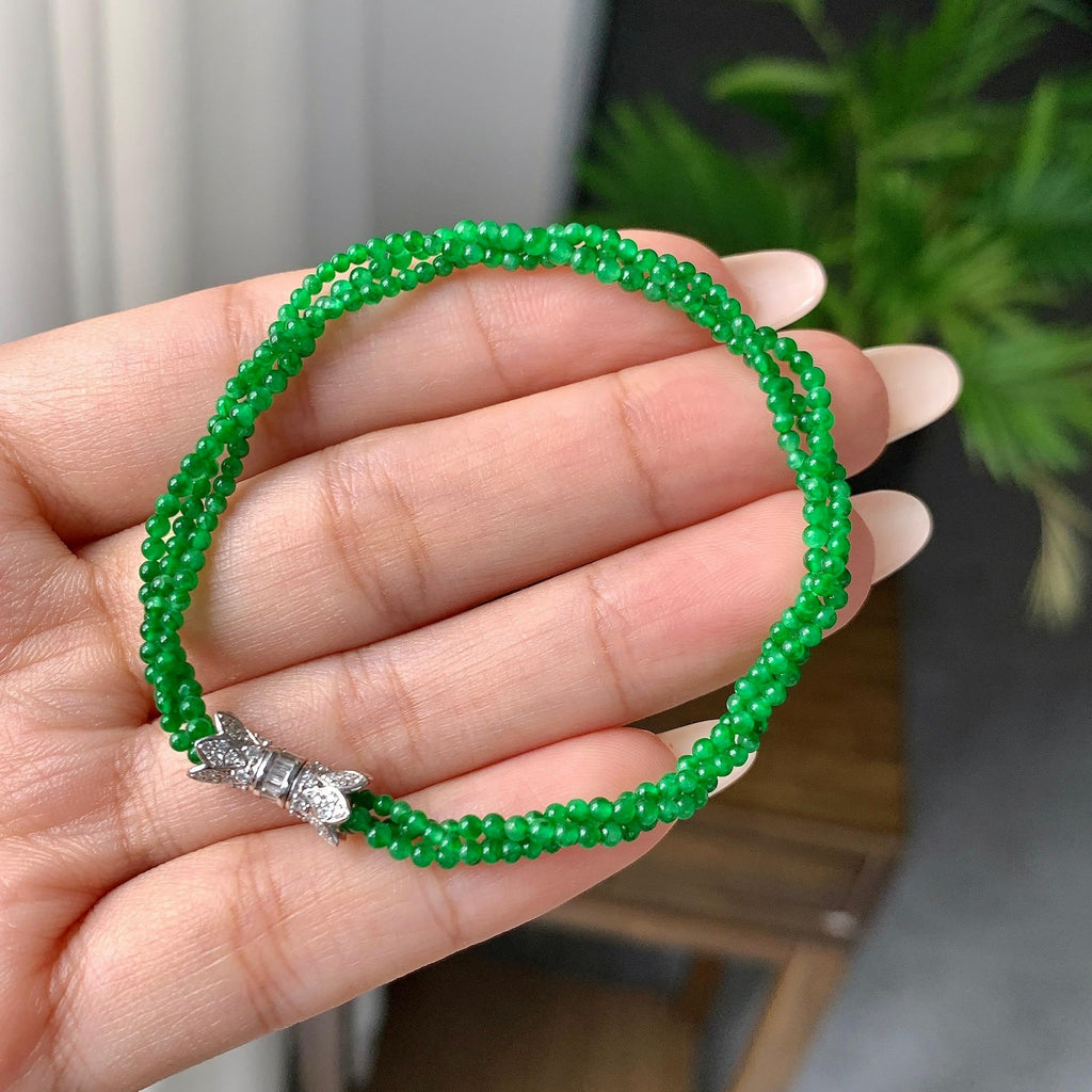 18k金钻镶糯冰种满绿小米珠手链（yc198901）